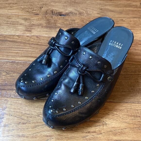 STUART Weitzman Black Leather Studded Heeled Mules Size 8 - Picture 5 of 11